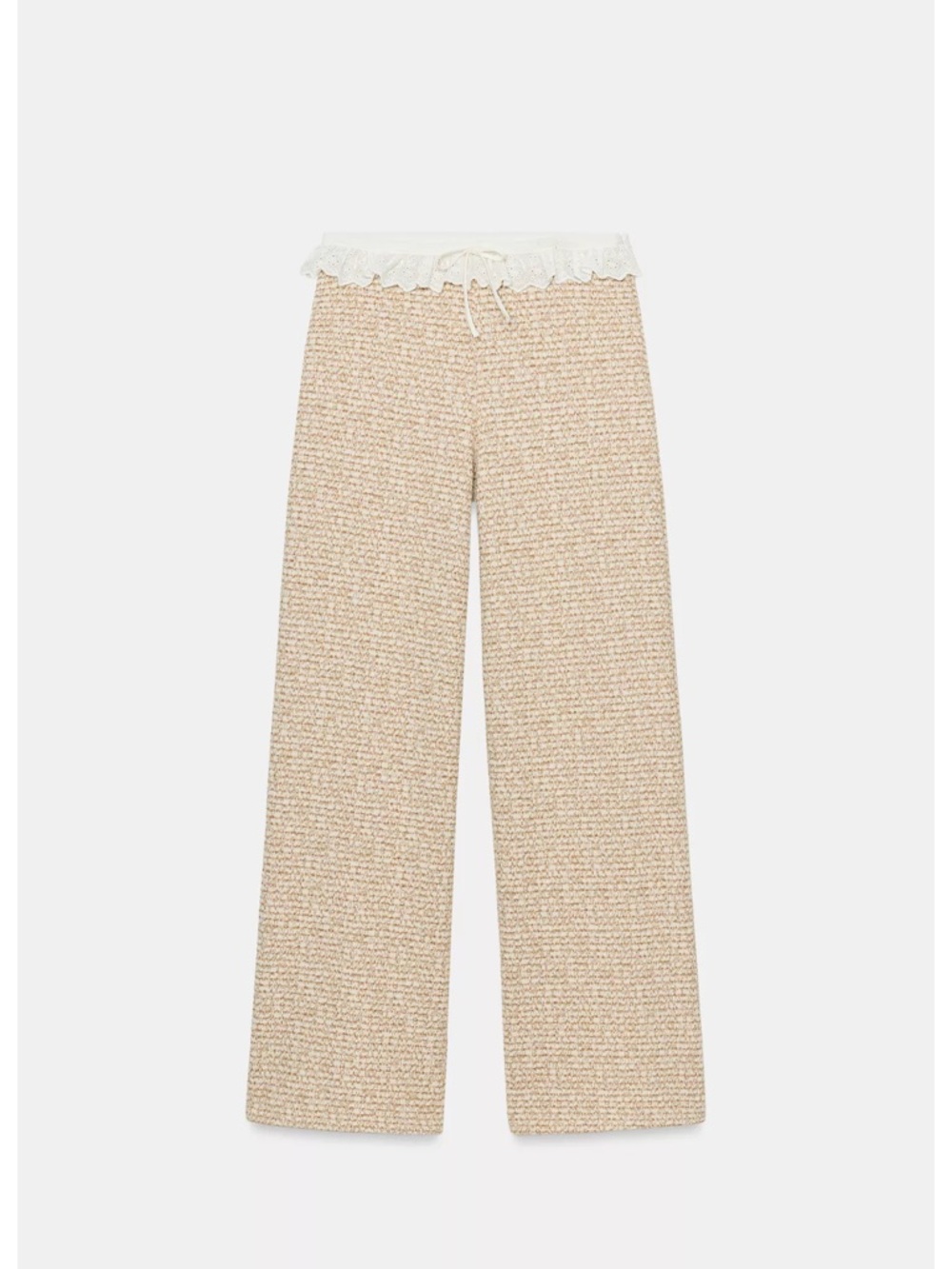 Zara Beige Tweed Wide-Leg Pants with White Lace Waist